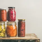 A wooden table topped with jars of food.