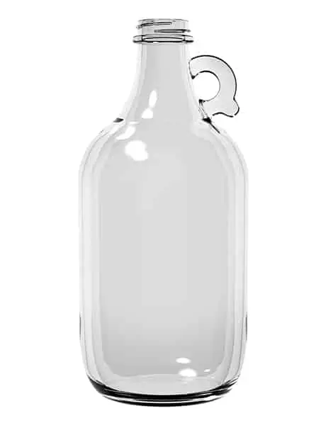 A glass bottle with a handle on the side.